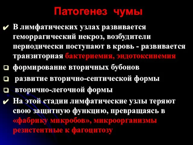 Патогенез чумы В лимфатических узлах развивается геморрагический некроз, возбудители периодически поступают в