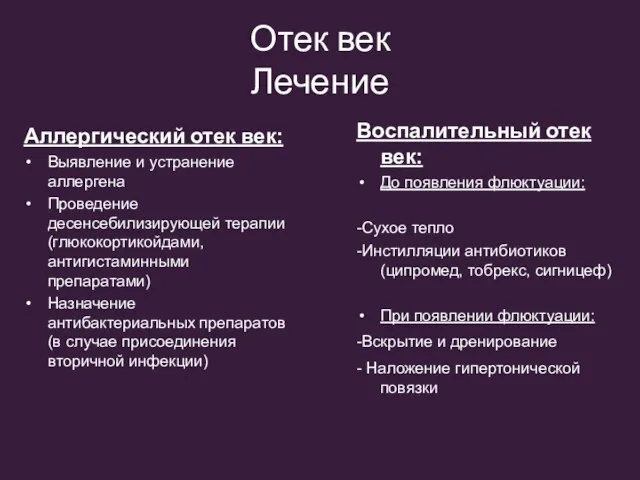 Отек век Лечение Воспалительный отек век: До появления флюктуации: -Сухое тепло -Инстилляции