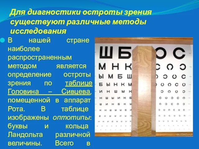 Для диагностики остроты зрения существуют различные методы исследования В нашей стране наиболее