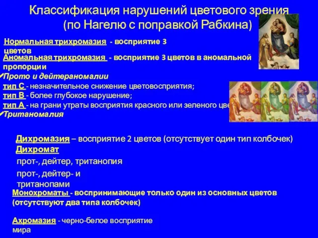 Дихромазия – восприятие 2 цветов (отсутствует один тип колбочек) Дихромат прот-, дейтер,