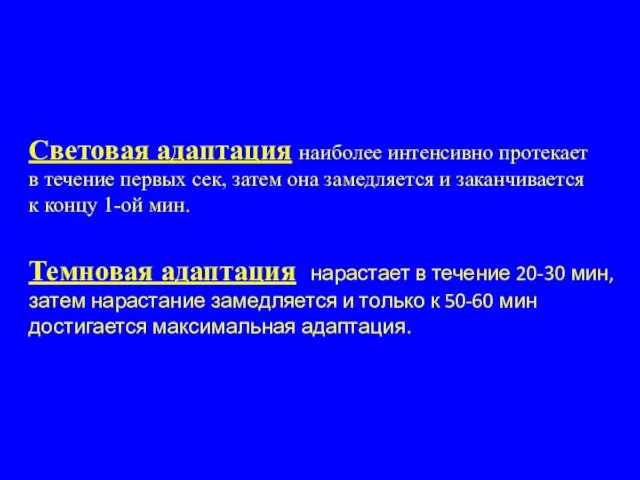 Световая адаптация наиболее интенсивно протекает в течение первых сек, затем она замедляется