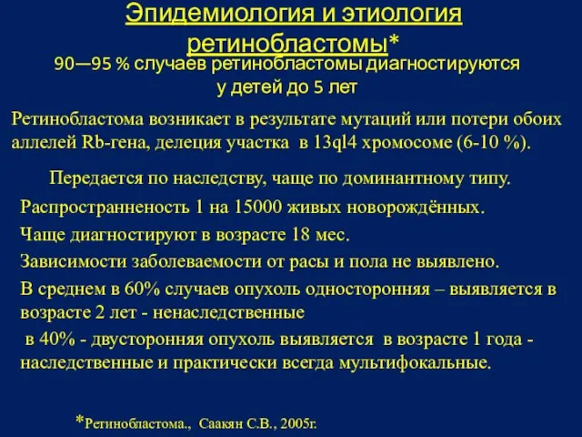 Эпидемиология и этиология ретинобластомы* Ретинобластома возникает в результате мутаций или потери обоих