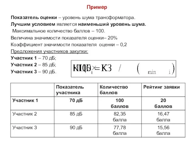 Пример Показатель оценки – уровень шума трансформатора. Лучшим условием является наименьший уровень