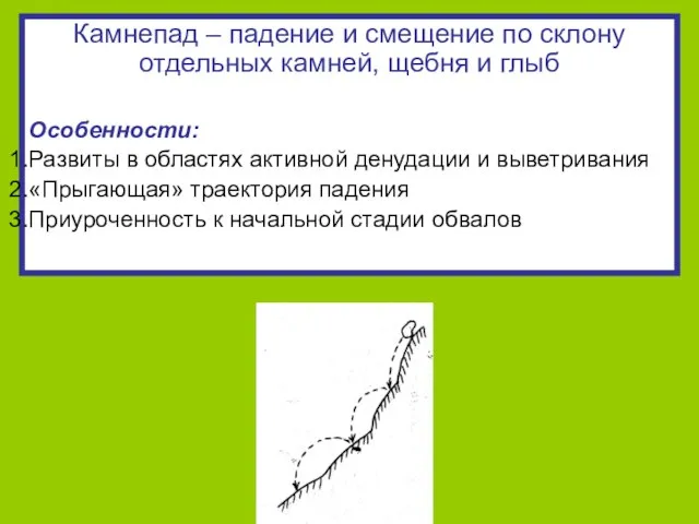 Камнепад – падение и смещение по склону отдельных камней, щебня и глыб