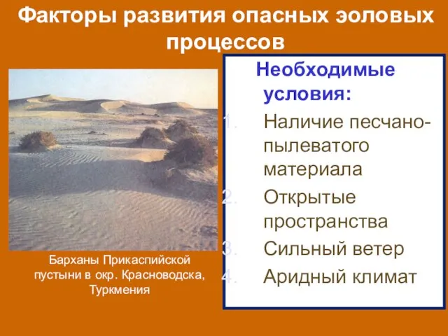 Факторы развития опасных эоловых процессов Необходимые условия: Наличие песчано-пылеватого материала Открытые пространства