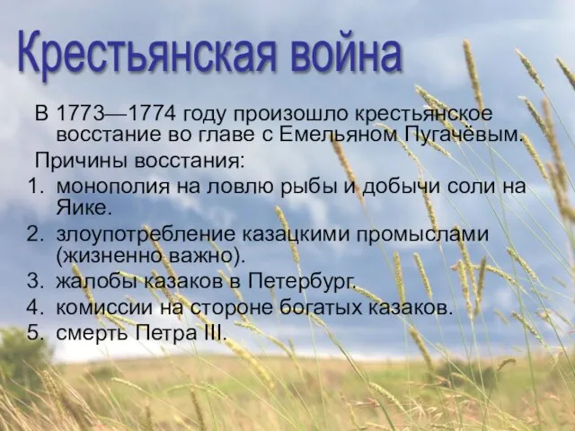 Крестьянская война В 1773—1774 году произошло крестьянское восстание во главе с Емельяном