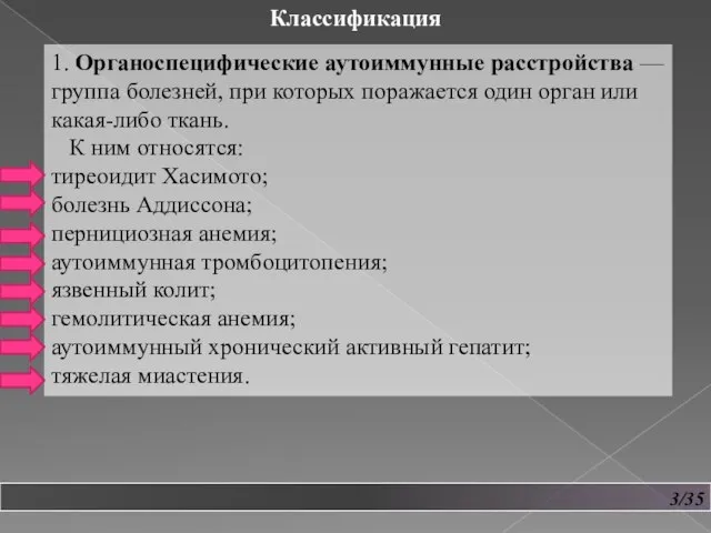 3/35 1. Органоспецифические аутоиммунные расстройства — группа болезней, при которых поражается один