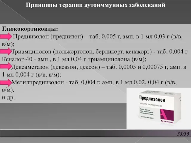 33/35 Принципы терапии аутоиммунных заболеваний Глюкокортикоиды: Преднизолон (преднизон) – таб. 0,005 г,