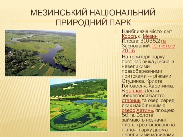 МЕЗИНСЬКИЙ НАЦІОНАЛЬНИЙ ПРИРОДНИЙ ПАРК Найближче місто: смт Короп, с. Мезин Площа: 31035,2