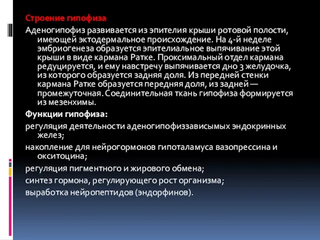 Строение гипофиза Аденогипофиз развивается из эпителия крыши ротовой полости, имеющей эктодермальное происхождение.