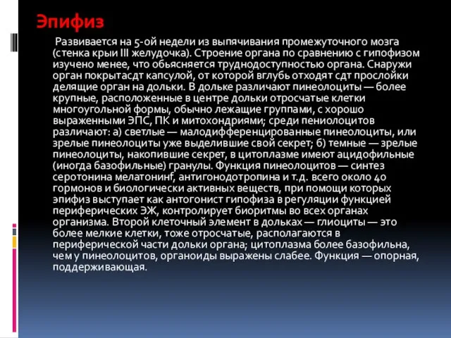 Эпифиз Развивается на 5-ой недели из выпячивания промежуточного мозга (стенка крыи III