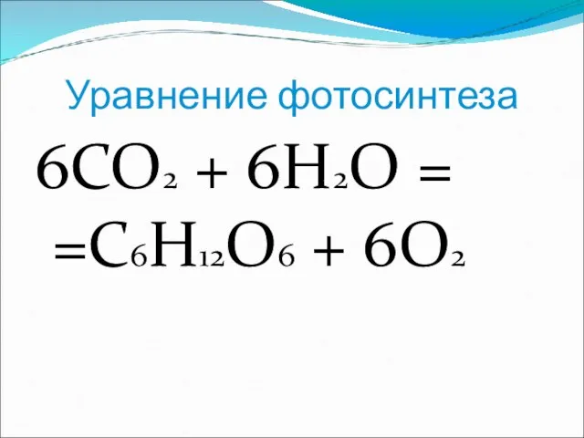 Уравнение фотосинтеза 6CO2 + 6H2O = =C6H12O6 + 6O2