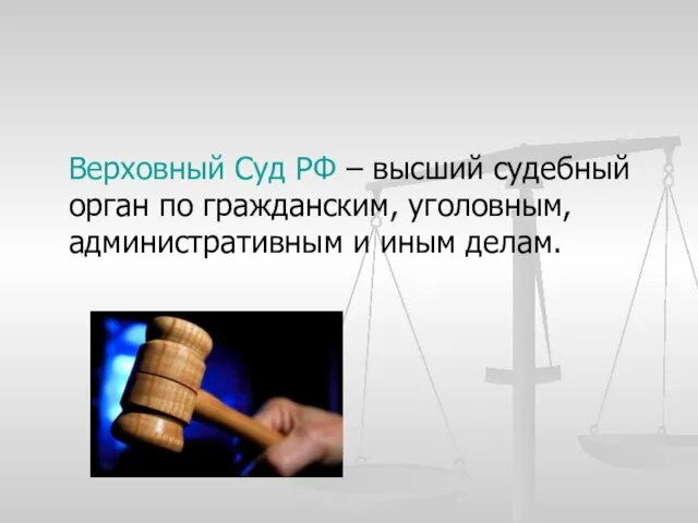 Верховный Суд РФ – высший судебный орган по гражданским, уголовным, административным и иным делам.