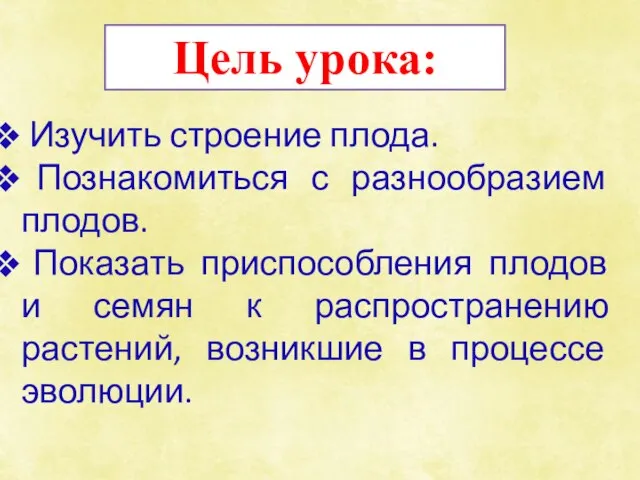 Цель урока: Изучить строение плода. Познакомиться с разнообразием плодов. Показать приспособления плодов