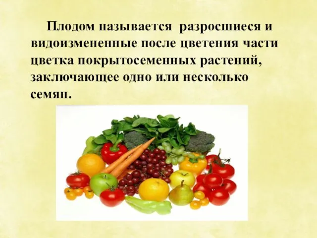 Плодом называется разросшиеся и видоизмененные после цветения части цветка покрытосеменных растений, заключающее одно или несколько семян.