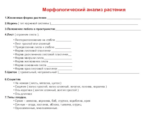 Морфологический анализ растения 1.Жизненная форма растения ____________________________________________________________ 2.Корень ( тип корневой системы