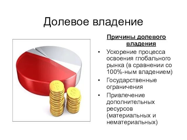 Долевое владение Причины долевого владения Ускорение процесса освоения глобального рынка (в сравнении