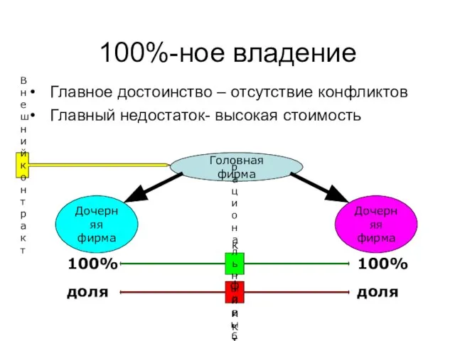 100%-ное владение Главное достоинство – отсутствие конфликтов Главный недостаток- высокая стоимость Головная