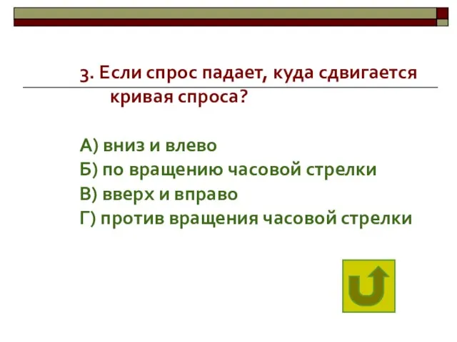 3. Если спрос падает, куда сдвигается кривая спроса? А) вниз и влево