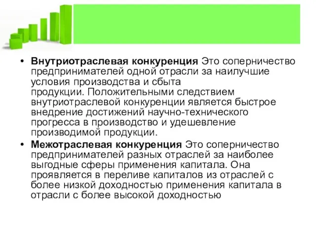 Внутриотраслевая конкуренция Это соперничество предпринимателей одной отрасли за наилучшие условия производства и