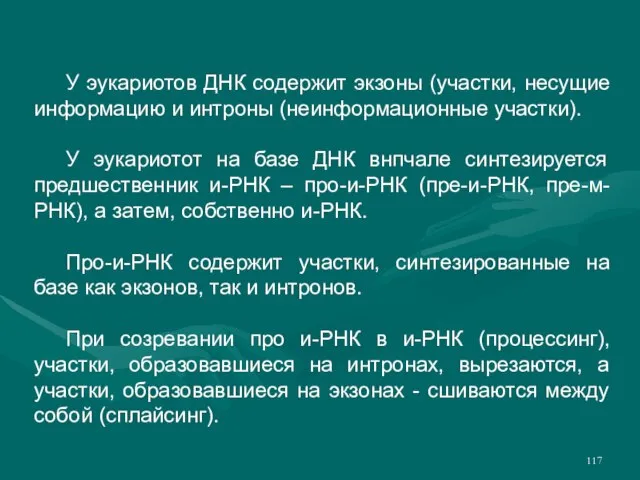 У эукариотов ДНК содержит экзоны (участки, несущие информацию и интроны (неинформационные участки).