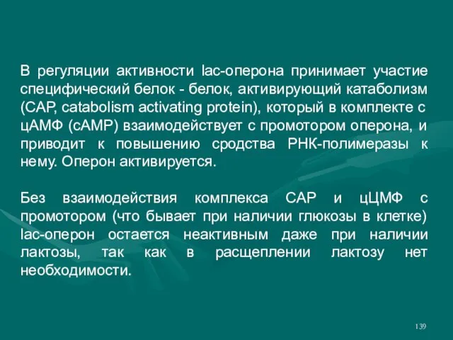 В регуляции активности lac-оперона принимает участие специфический белок - белок, активирующий катаболизм