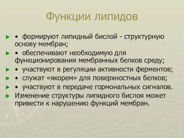 Функции липидов • формируют липидный бислой - структурную основу мембран; • обеспечивают