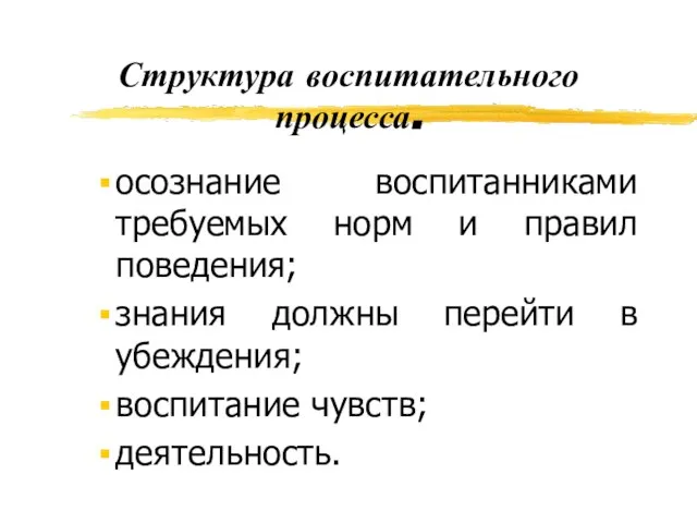 Структура воспитательного процесса. осознание воспитанниками требуемых норм и правил поведения; знания должны