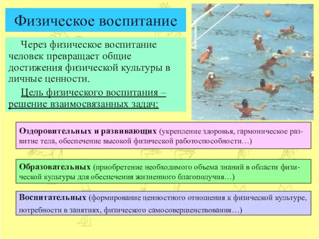 Физическое воспитание Через физическое воспитание человек превращает общие достижения физической культуры в