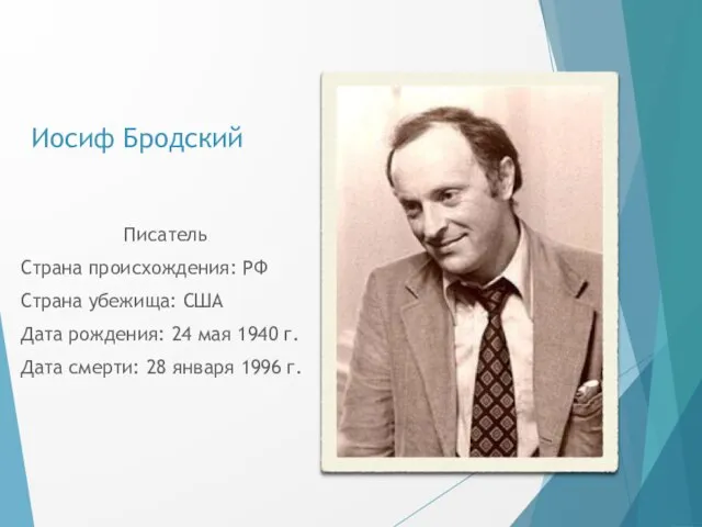 Иосиф Бродский Писатель Страна происхождения: РФ Страна убежища: США Дата рождения: 24