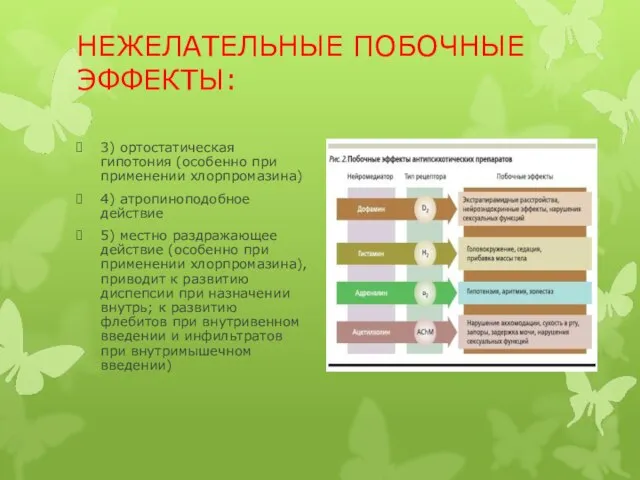 НЕЖЕЛАТЕЛЬНЫЕ ПОБОЧНЫЕ ЭФФЕКТЫ: 3) ортостатическая гипотония (особенно при применении хлорпромазина) 4) атропиноподобное