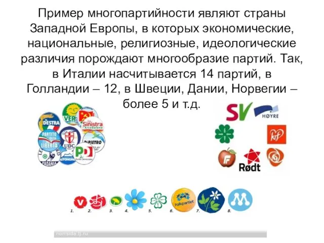 Пример многопартийности являют страны Западной Европы, в которых экономические, национальные, религиозные, идеологические