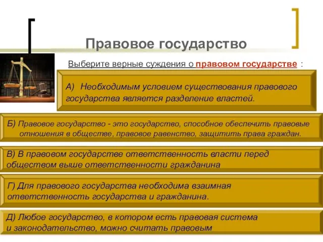 Правовое государство Выберите верные суждения о правовом государстве : А) Необходимым условием