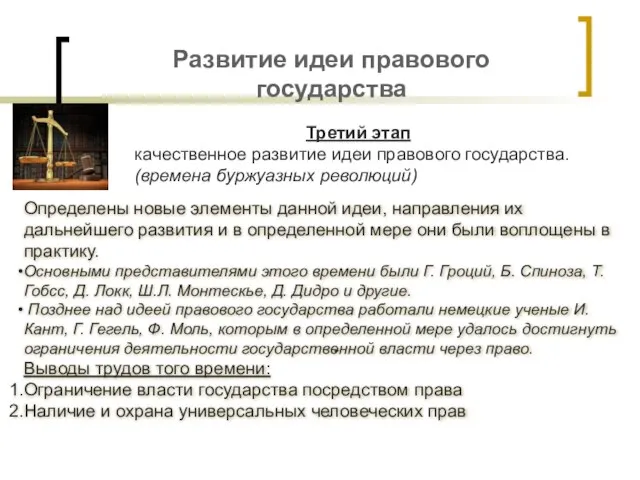 Развитие идеи правового государства Третий этап качественное развитие идеи правового государства. (времена