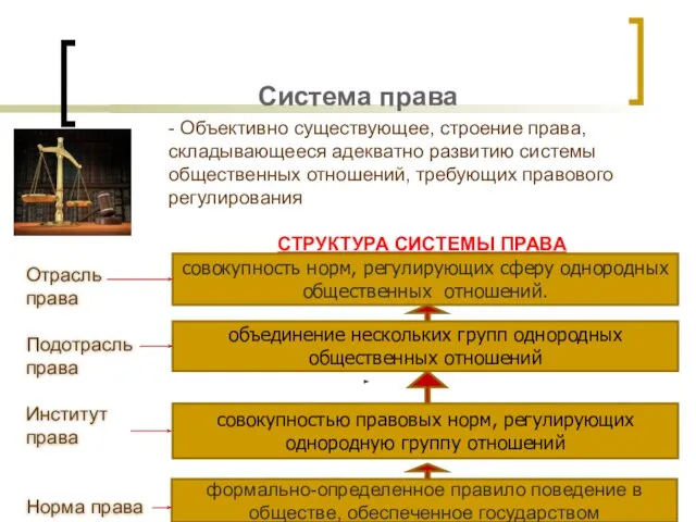 Система права - Объективно существующее, строение права, складывающееся адекватно развитию системы общественных