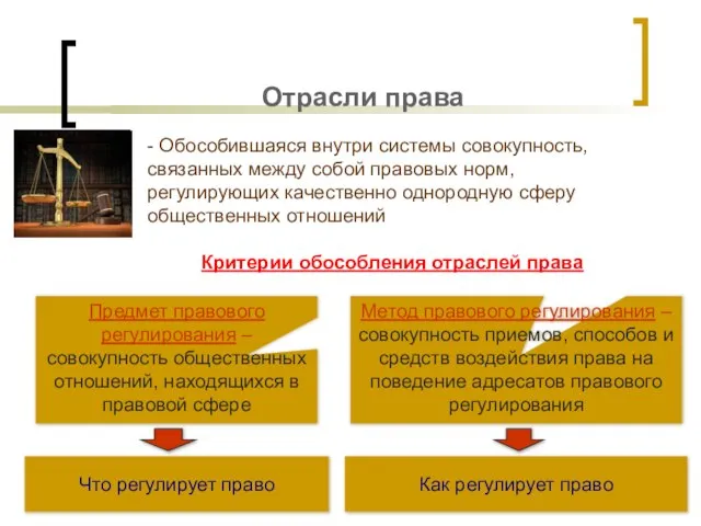 Отрасли права - Обособившаяся внутри системы совокупность, связанных между собой правовых норм,