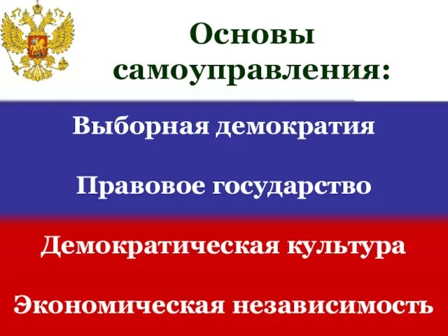 Выборная демократия Правовое государство Демократическая культура Экономическая независимость Основы самоуправления: