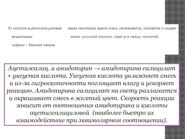 Ацетилсалиц. и амидопирин → амидопирина салицилат + уксусная кислота. Уксусная кислота увлажняет