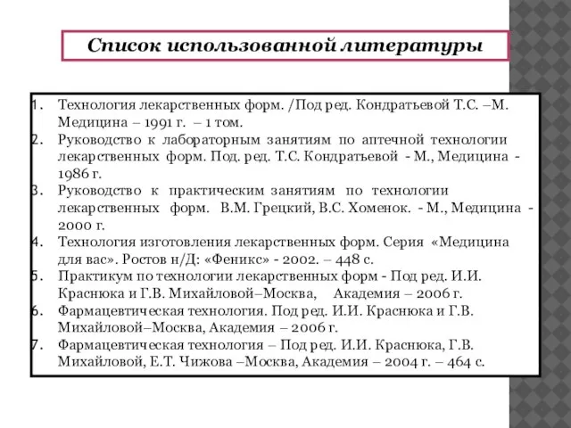 Список использованной литературы Технология лекарственных форм. /Под ред. Кондратьевой Т.С. –М. Медицина