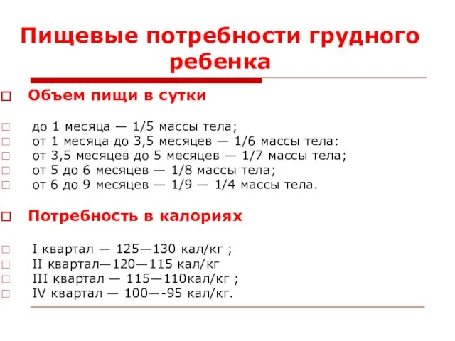 Пищевые потребности грудного ребенка Объем пищи в сутки до 1 месяца —