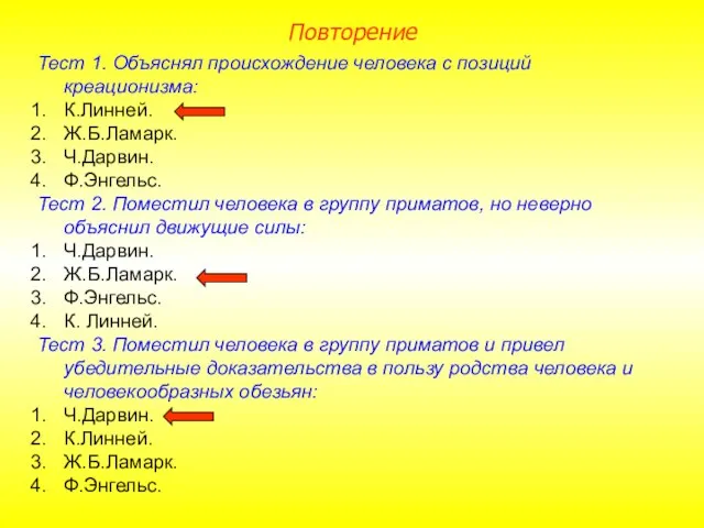 Тест 1. Объяснял происхождение человека с позиций креационизма: К.Линней. Ж.Б.Ламарк. Ч.Дарвин. Ф.Энгельс.