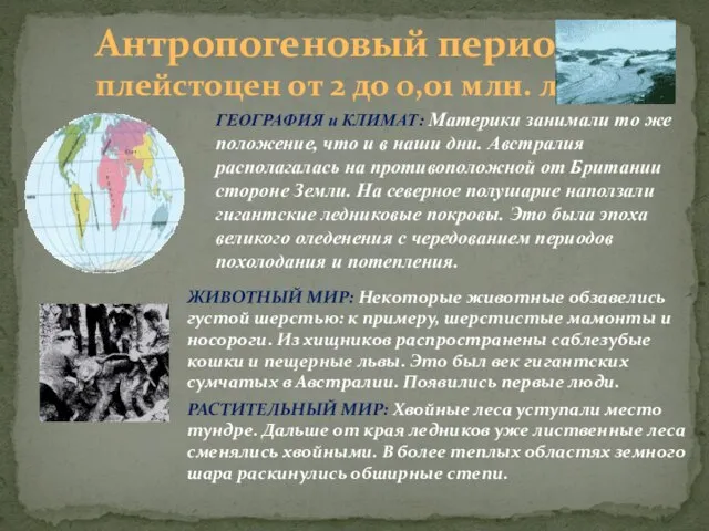 Антропогеновый период плейстоцен от 2 до 0,01 млн. лет ЖИВОТНЫЙ МИР: Некоторые