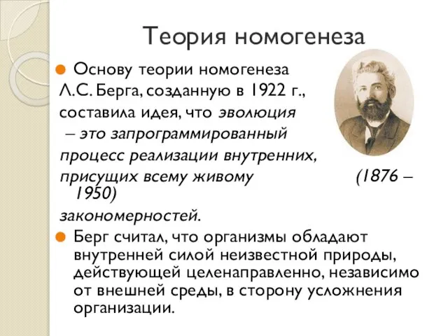 Теория номогенеза Основу теории номогенеза Л.С. Берга, созданную в 1922 г., составила