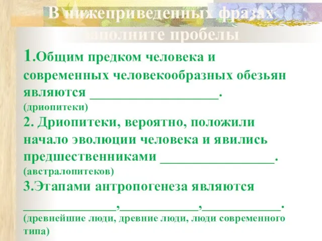 В нижеприведенных фразах заполните пробелы 1.Общим предком человека и современных человекообразных обезьян