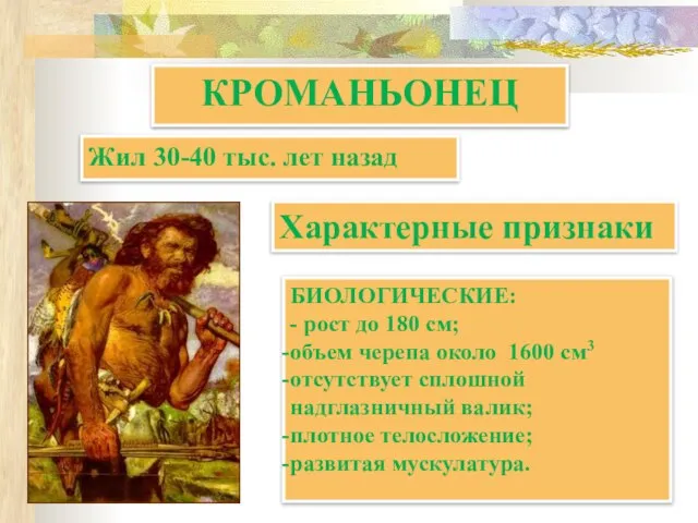 КРОМАНЬОНЕЦ БИОЛОГИЧЕСКИЕ: - рост до 180 см; объем черепа около 1600 см3