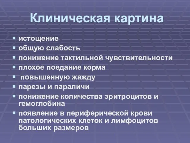 Клиническая картина истощение общую слабость понижение тактильной чувствительности плохое поедание корма повышенную