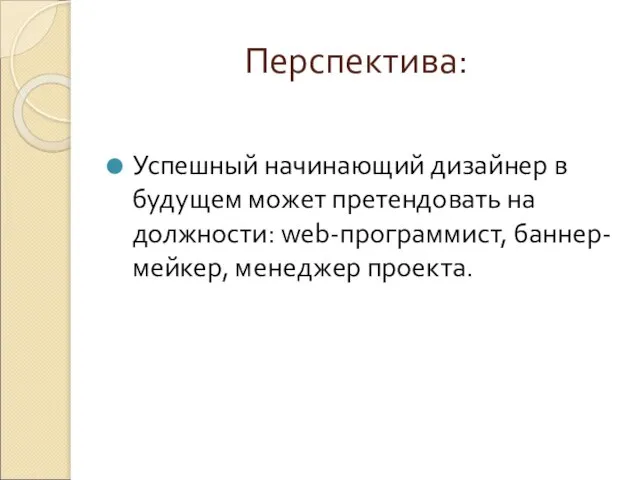 Перспектива: Успешный начинающий дизайнер в будущем может претендовать на должности: web-программист, баннер-мейкер, менеджер проекта.