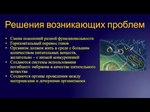 Решения возникающих проблем Смена поколений разной функциональности Горизонтальный перенос генов Организм должен