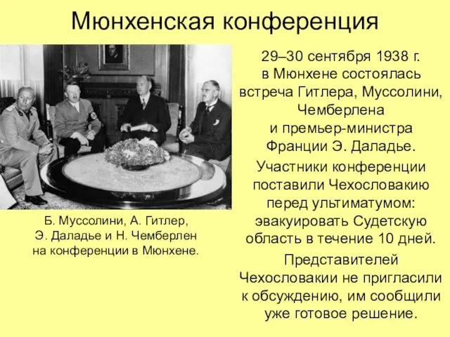 Мюнхенская конференция 29–30 сентября 1938 г. в Мюнхене состоялась встреча Гитлера, Муссолини,