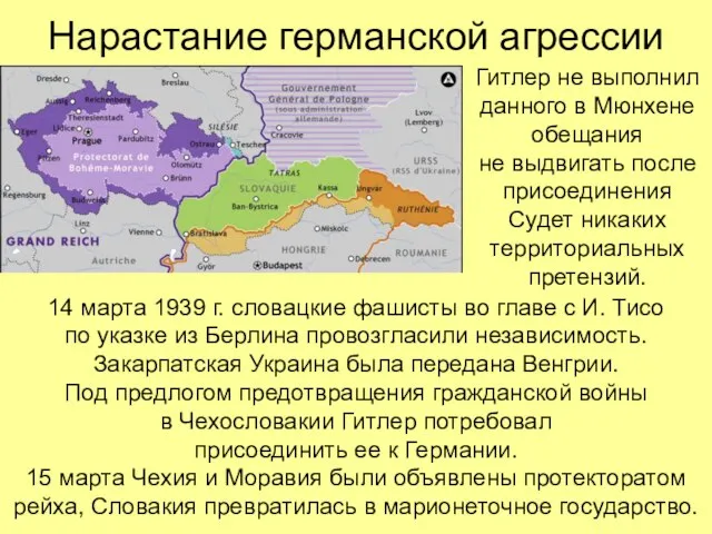 Нарастание германской агрессии Гитлер не выполнил данного в Мюнхене обещания не выдвигать